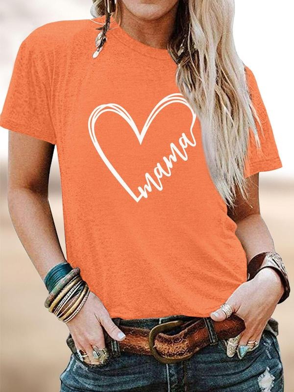 Women's Heart & Letter Print Round Neck Tee, Fashion Casual Crew Neck Short Sleeve T-shirt for Daily Holiday Vacation...