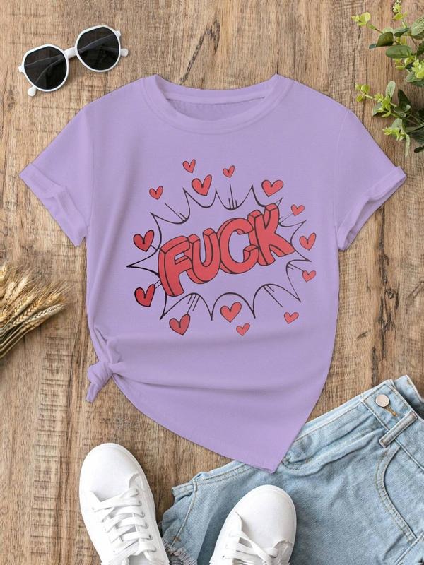 Women's Heart & Letter Print Round Neck Tee, Fashion Trendy Casual Comfort Short Sleeve T-Shirt for Daily Vacation...
