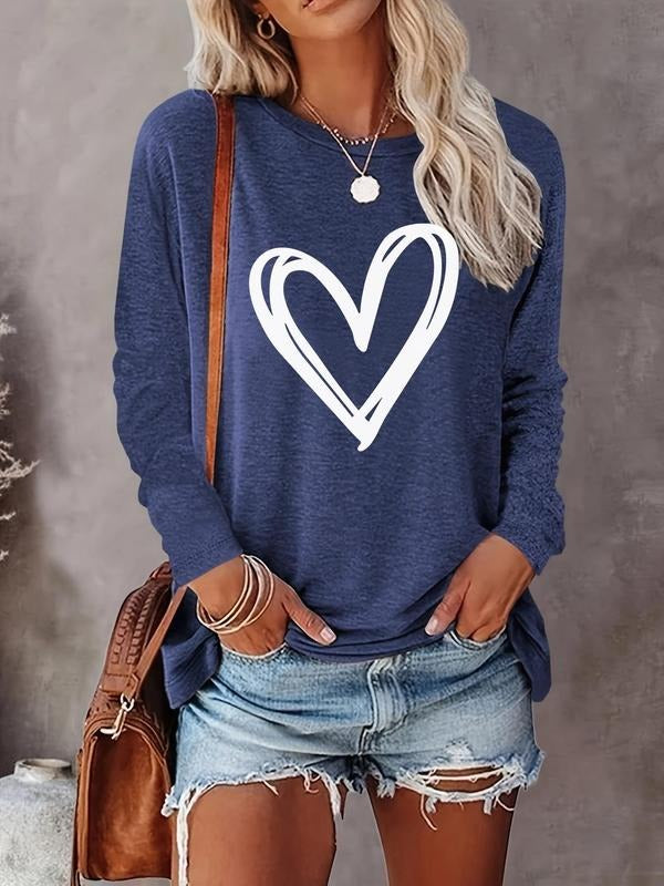 Women's Heart Print  Round Neck Tee, Casual Long Sleeve T-shirt for Fall & Winter, Women's Clothes for Daily Wear Hoodie,...