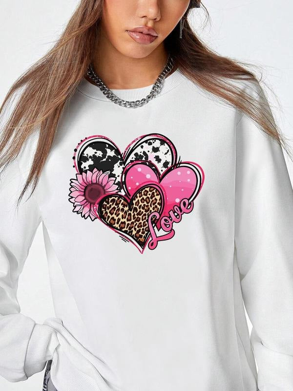 Women's Heart Print Crew Neck Sweatshirt, Casual Drop Shoulder Long Sleeve Pullover, Women's Fall & Winter Clothes for...