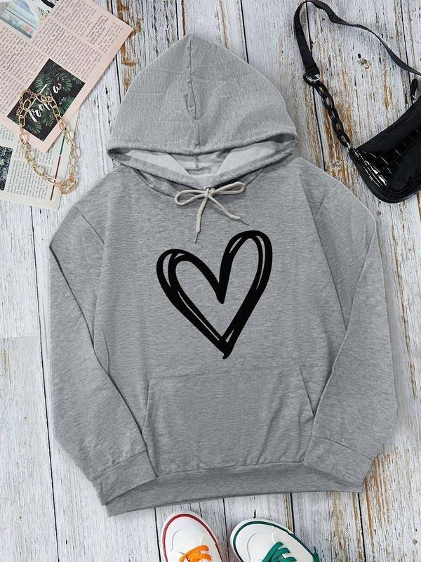 Women's Heart Print Drop Shoulder Hoodie, Fashion Casual Drawstring Pocket Hooded Sweatshirt for Daily Holiday Outdoor...