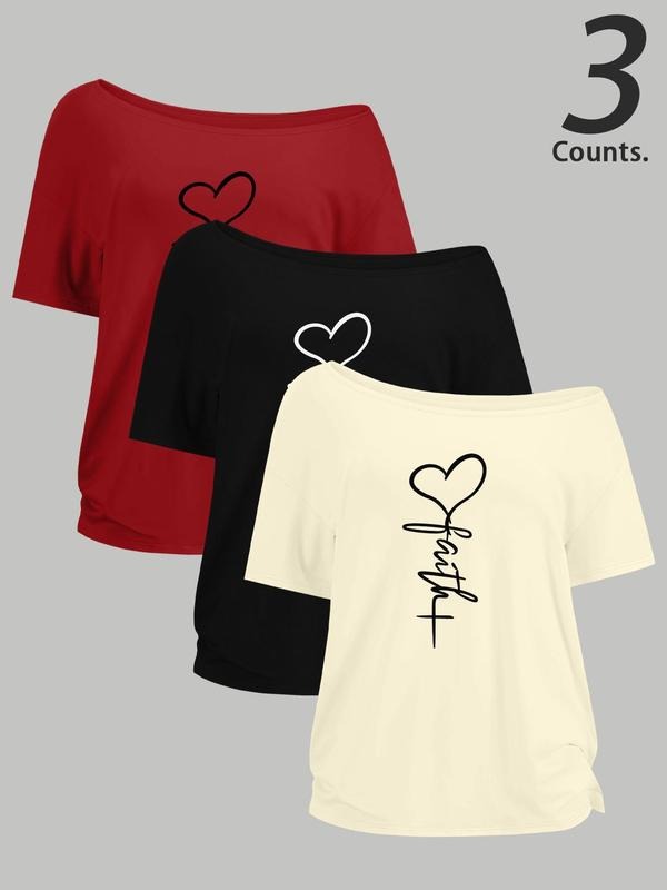 Women's Heart Print One Shoulder Tee, Casual Curved Hem Short Sleeve T-shirt for Summer, Ladies Clothes for Daily Wear...