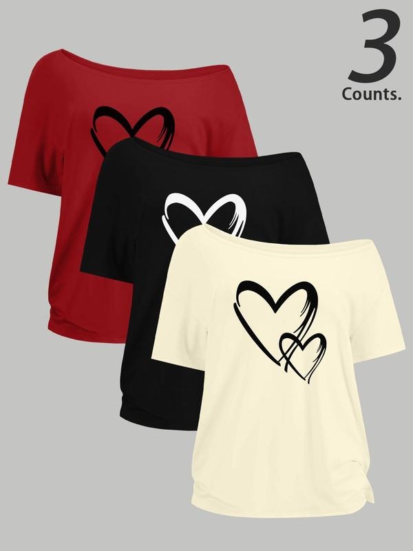 Women's Heart Print One Shoulder Tee, Casual Curved Hem Short Sleeve T-shirt for Summer, Ladies Clothes for Daily Wear,...