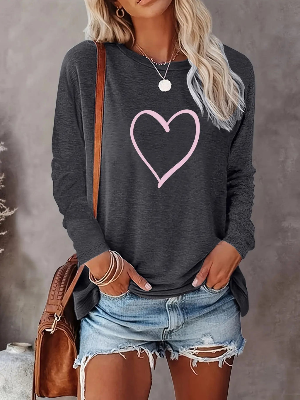 Women's Heart Print Round Neck Tee, Casual Long Sleeve Crew Neck T-Shirt For Spring & Fall, Women's Top For Daily Wear,...