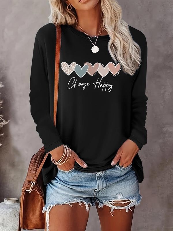 Women's Heart Print Round Neck Tee, Casual Long Sleeve Crew Neck T-shirt for Fall & Winter, Women's Top for Daily...