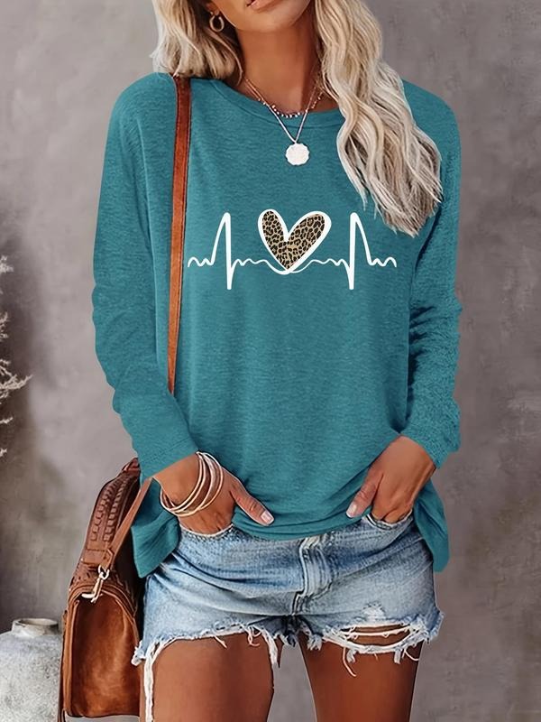 Women's Heart Print Round Neck Tee, Casual Long Sleeve Crew Neck T-shirt for Fall & Winter, Women's Top for Daily...