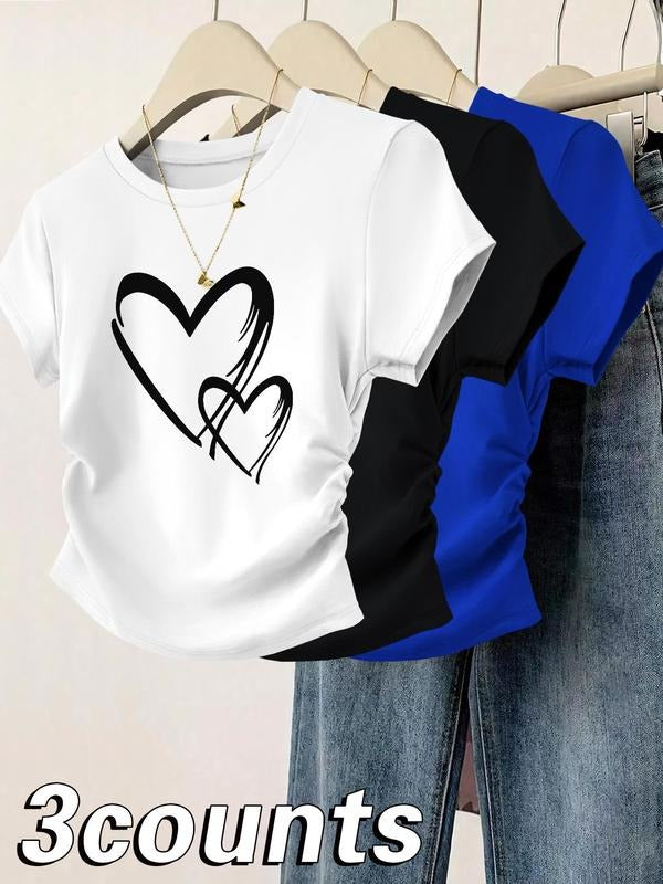 Women's Heart Print Round Neck Tee, Casual Short Sleeve T-shirt for Daily Wear, Ladies Clothes for All Seasons, Top...