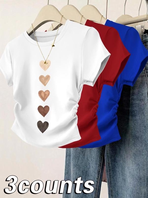 Women's Heart Print Round Neck Tee, Casual Short Sleeve T-shirt for Daily Wear, Ladies Clothes for All Seasons,...