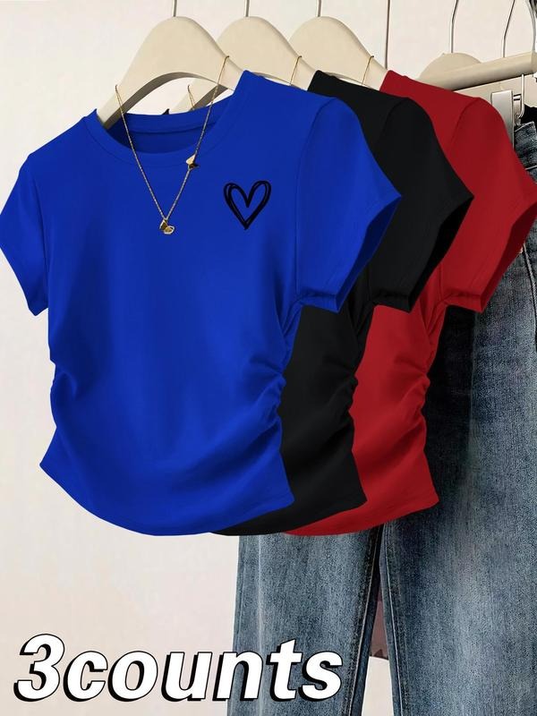 Women's Heart Print Tee, Casual Short Sleeve T-shirt for Daily Wear, Ladies Clothes for All Seasons, Top Hoodie, Sweatshirt