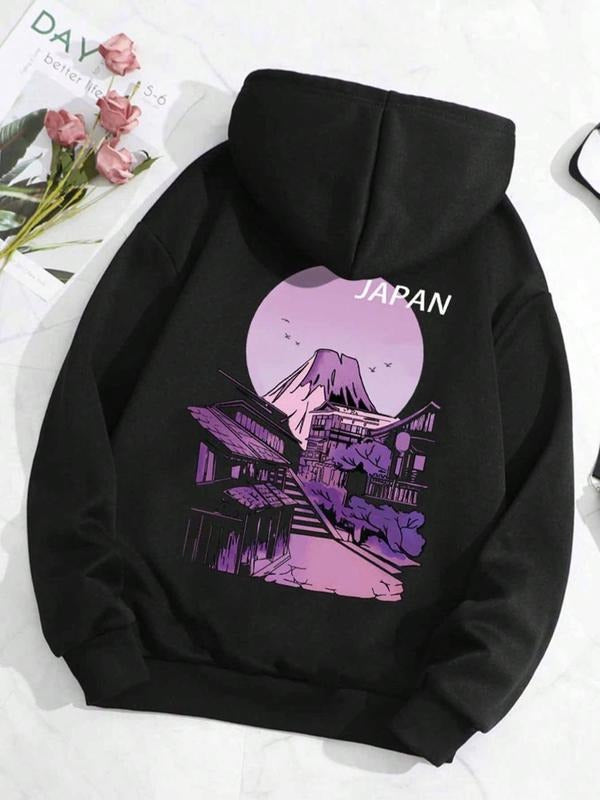 Women's Landscape Print Drop Shoulder Hoodie, Casual Fashion Drawstring Pocket Hooded Sweatshirt for Daily Holiday...