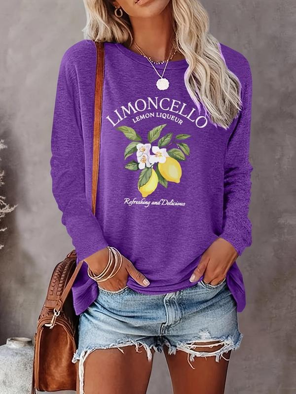 Women's Lemon & Letter Print Round Neck Tee, Casual Long Sleeve Crew Neck T-shirt for Fall & Winter, Women's Top for...