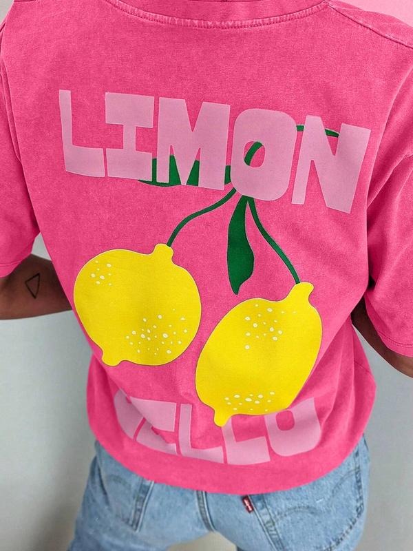 Women's Lemon & Letter Print Round Neck Tee, Fashion Casual Crew Neck T-Shirt for Daily Holiday Vacation Outdoor Wear,...