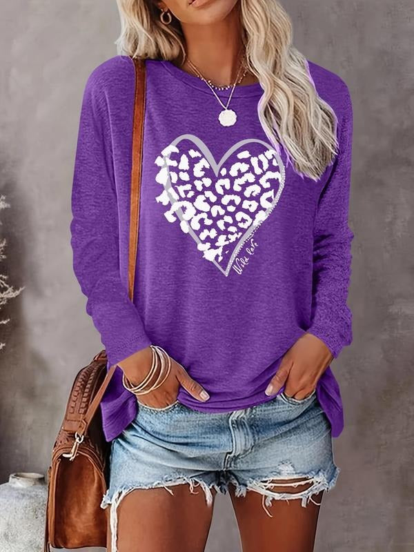 Women's Leopard Heart Print Round Neck T-shirt, Casual Long Sleeve Crew Neck T-shirt for Spring & Fall, Women's Clothes...