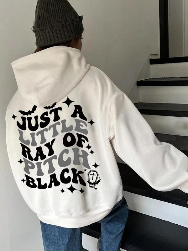Women's Letter & Bat Print Drop Shoulder Hoodie, Fashion Casual Drawstring Pocket Hooded Sweatshirt for Daily Holiday...