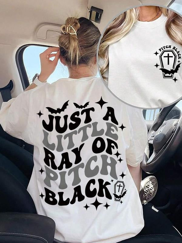 Women's Letter & Bat Print Round Neck Tee, Casual Short Sleeve Crew Neck T-shirt for Summer, Fashion Women's Top for...