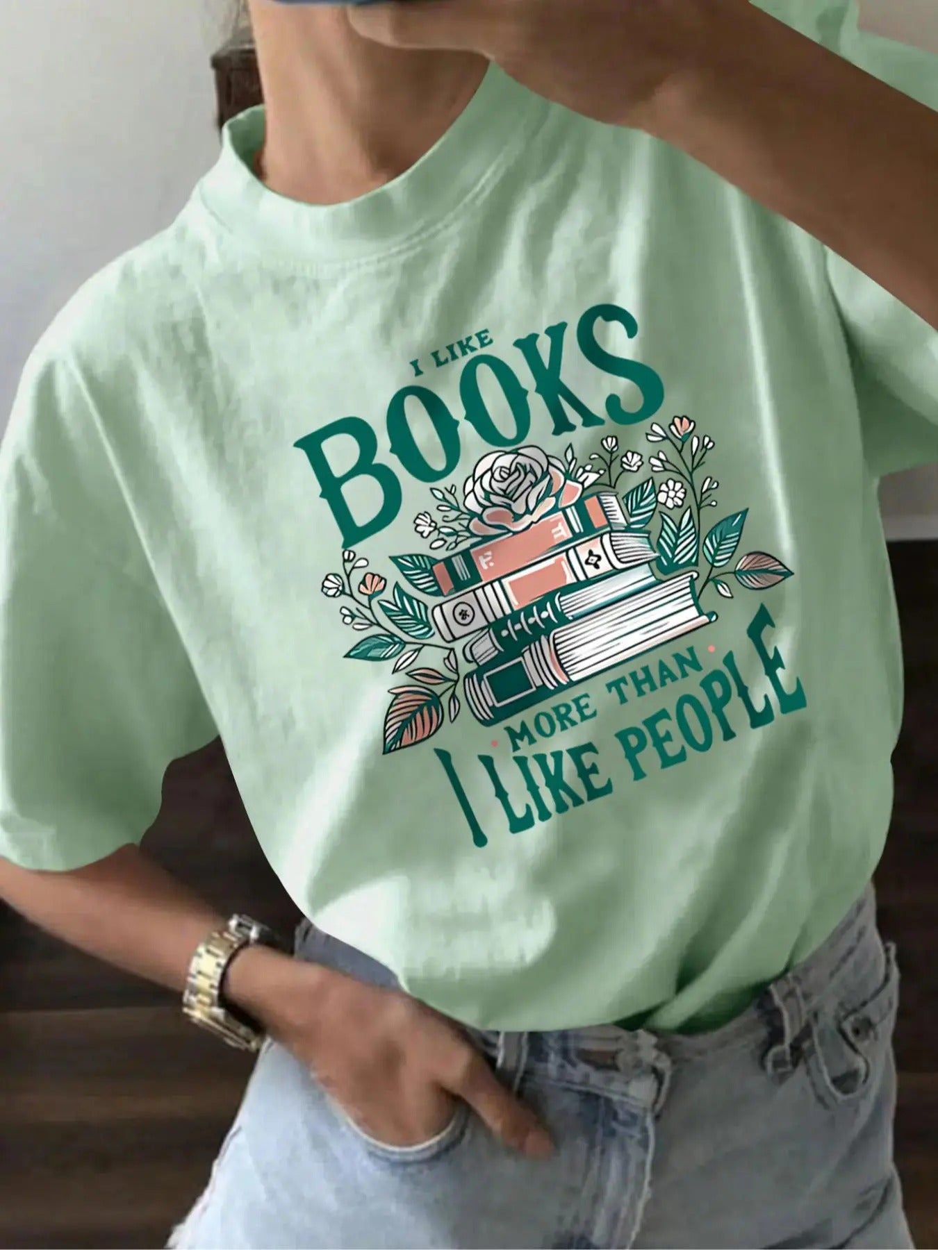 Women's Letter & Book Print Round Neck Tee, Casual Short Sleeve T-shirt for Daily Wear, Ladies Summer Tops Hoodie, Sweatshirt