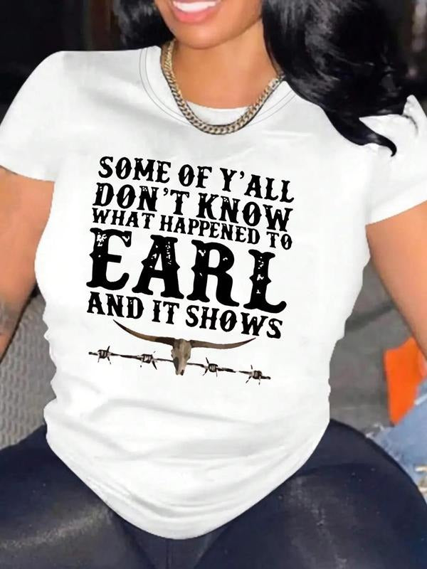 Women's Letter & Bull Head Print Round Neck Tee, Streetwear Fashion Casual Crew Neck Short Sleeve T-Shirt for Daily...