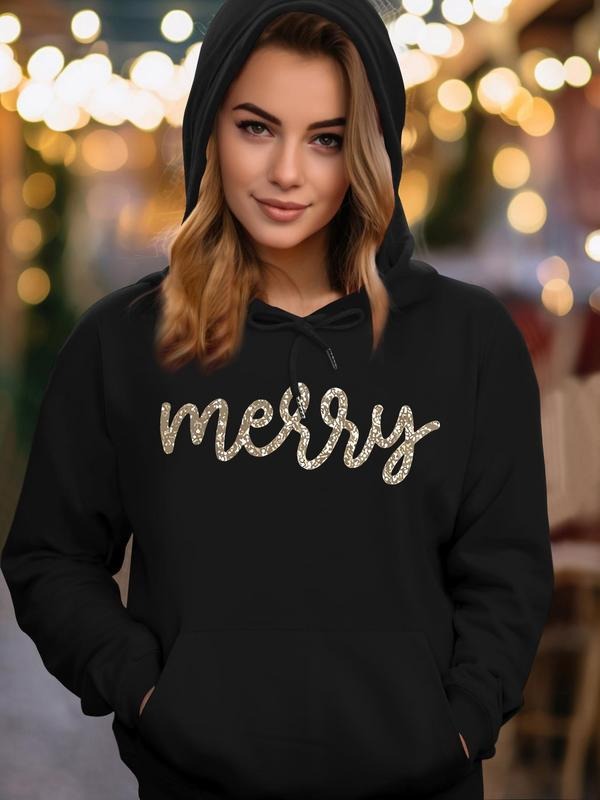 Women's Letter & Christmas Print Drop Shoulder Long Sleeve Hoodie, Fashion Casual Drawstring Pocket Hooded Sweatshirt for...