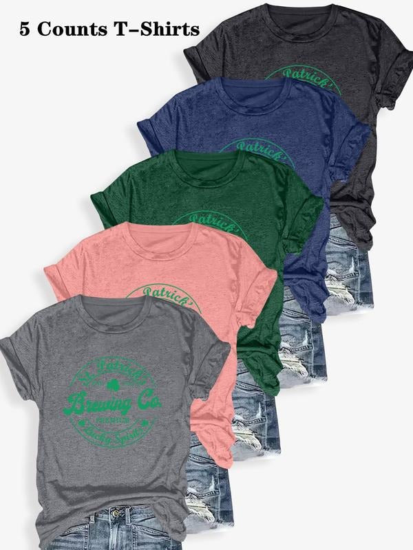 Women's Letter & Clover Print Round Neck Tee, Casual Short Sleeve Crew Neck T-shirt for Summer, Fashion Women's Top for...