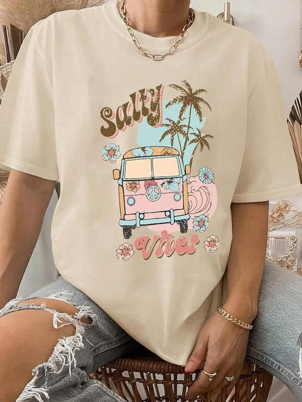 Women's Letter & Coconut Tree & Car & Floral & Ocean Wave Print Drop Shoulder Tee, Fashion Casual Round Neck Half Sleeve...