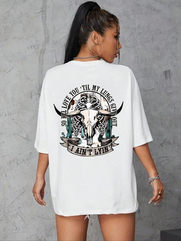 Women's Letter & Cow Head Print Round Neck Tee, Fashion Casual Cartoon Graphic Drop Shoulder Half Sleeve T-shirt for...