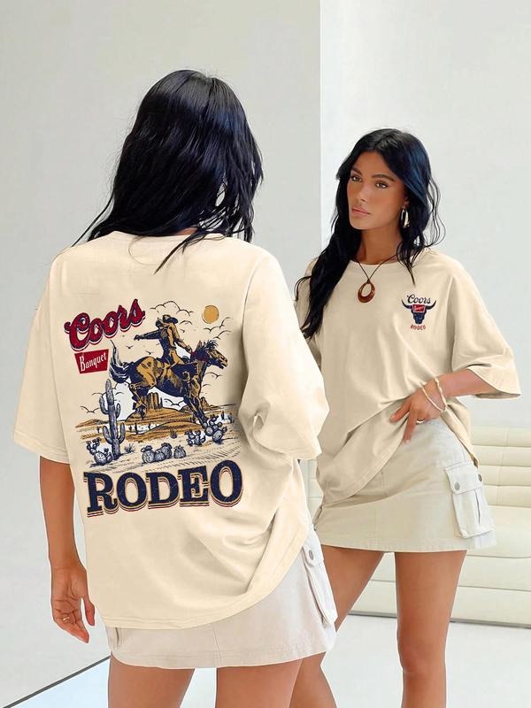 Women's Letter & Cowboy Print Drop Shoulder Tee, Casual Half Sleeve Round Neck T-shirt for Summer, Fashion Women's Top...