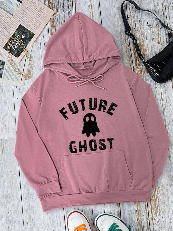 Women's Letter & Ghost Print Drawstring Pocket Hoodie, Casual Drop Shoulder Long Sleeve Hooded Sweatshirt, Ladies Fall &...