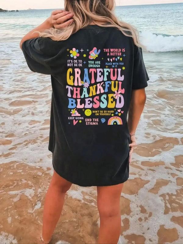 Women's Letter & Graphic Print Drop Shoulder Tee, Fashion Casual Round Neck Half Sleeve T-Shirt for Summer, Ladies...