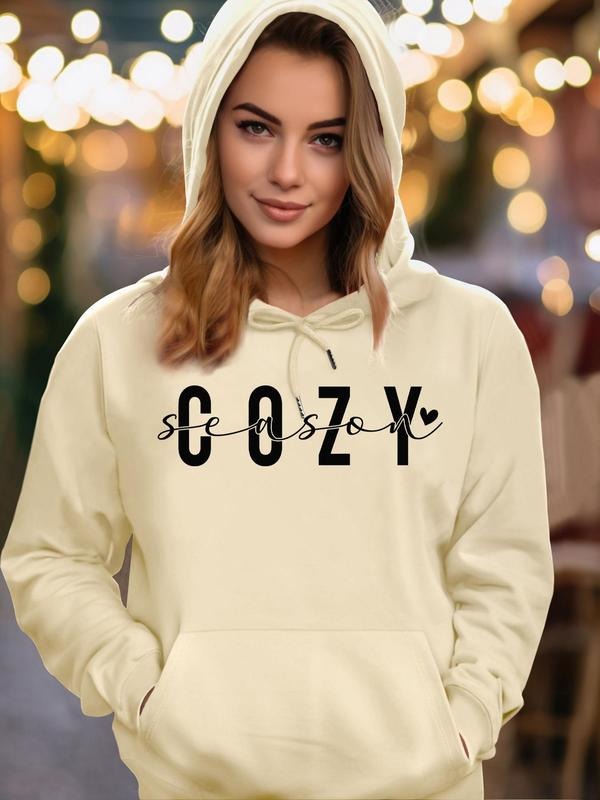 Women's Letter & Heart Print Drawstring Pocket Hoodie, Casual Long Sleeve Hooded Sweatshirt for Fall & Winter, Women's...