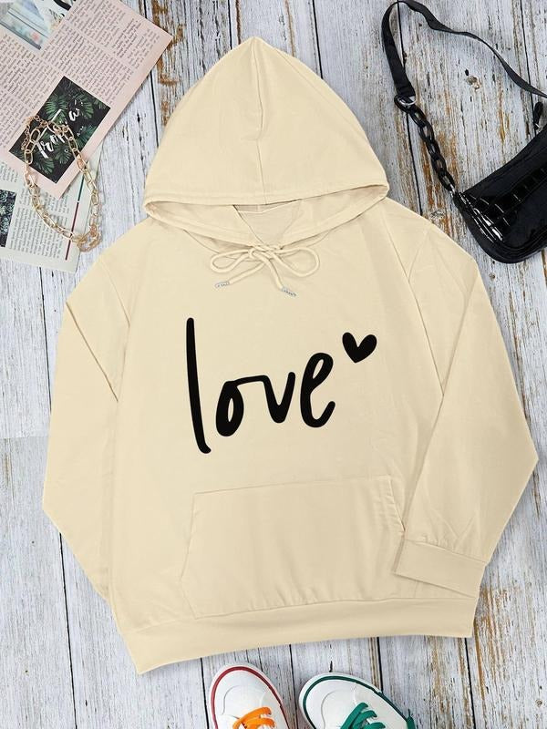 Women's Letter & Heart Print Drop Shoulder Hoodie, Fashion Casual Drawstring Pocket Hooded Sweatshirt for Daily Holiday...