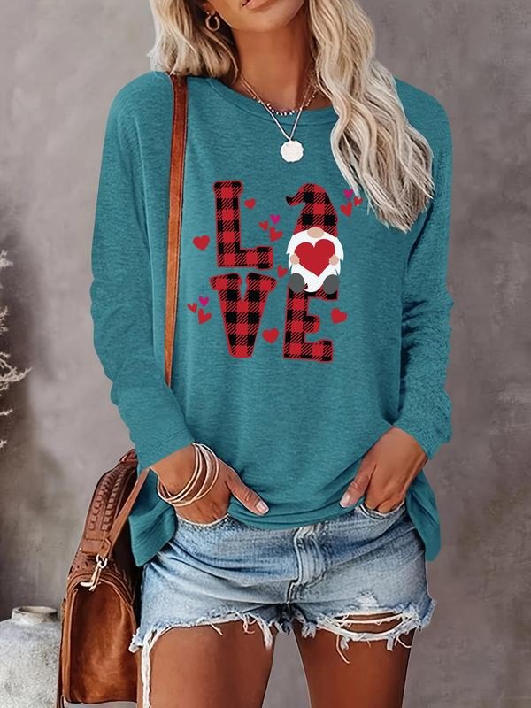 Women's Letter & Plaid Print Round Neck T-shirt, Casual Long Sleeve Crew Neck Tee for Fall & Winter, Women's Clothes for...