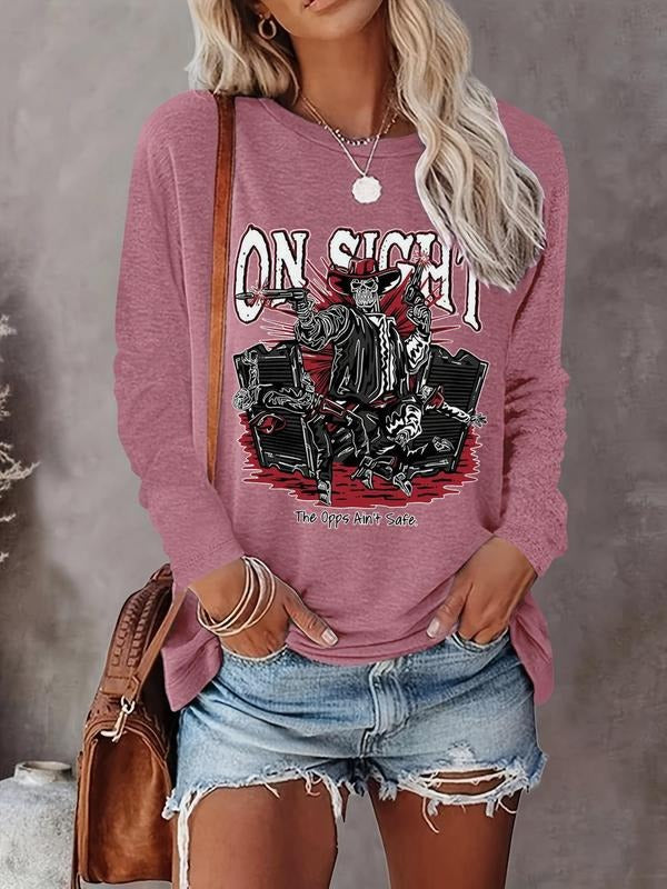 Women's Letter & Skeleton Print Round Neck Graphic Tee, Fashion Casual Crew Neck Long Sleeve T-shirt for Daily Holiday...