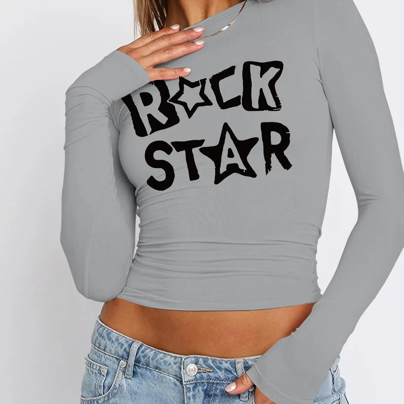 Women's Letter & Star Print Round Neck Tee, Casual Long Sleeve Crew Neck T-shirt for Fall & Winter, Women's Top for Daily...