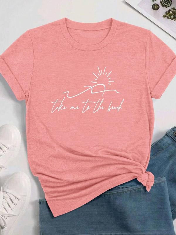 Women's Letter & Sun Print Round Neck Tee, Casual Short Sleeve Crew Neck T-shirt for Daily Wear, Ladies Clothes for All...