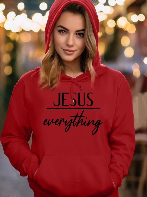 Women's Letter Print Drawstring Pocket Hoodie, Casual Long Sleeve Hooded Sweatshirt for Fall & Winter, Women's Clothes...