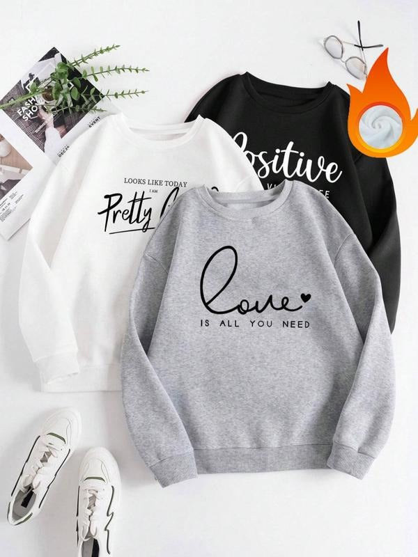 Women's Letter Print Drop Shoulder Sweatshirt, Casual Long Sleeve Round Neck Pullover for Fall & Winter, Women's Clothes...