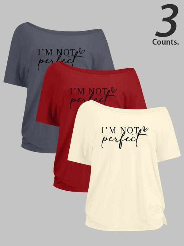 Women's Letter Print One Shoulder Tee, Casual Curved Hem Short Sleeve T-shirt for Summer, Ladies Clothes for Daily Wear,...