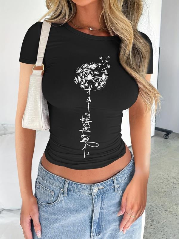 Women's Letter Print Round Neck Crop Tee, Casual Short Sleeve Crew Neck T-shirt for Daily Wear, Ladies Clothes for All...