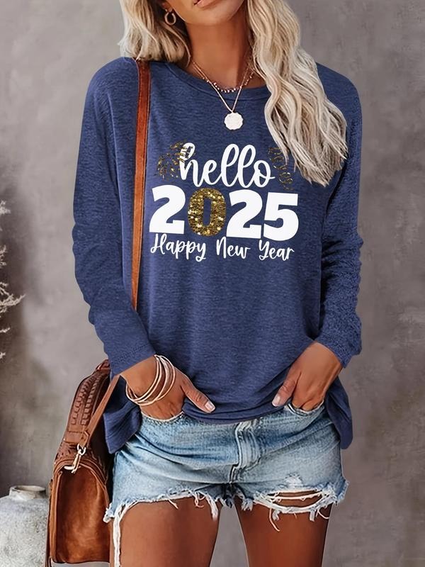 Women's Letter Print Round Neck Tee, Casual Long Sleeve Crew Neck T-shirt for Fall & Winter, Women's Top for Daily...