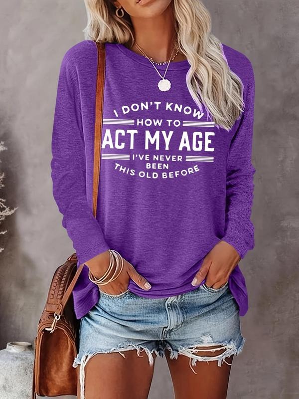 Women's Letter Print Round Neck Tee, Casual Long Sleeve Crew Neck T-shirt for Spring & Fall, Fashion Women's Top for...