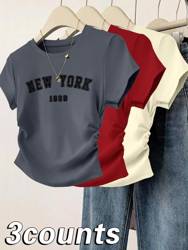 Women's Letter Print Round Neck Tee, Casual Short Sleeve Crew Neck T-shirt for Daily Wear, Ladies Clothes for All...