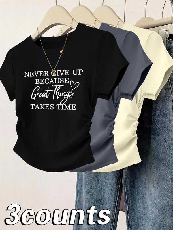 Women's Letter Print Round Neck Tee, Casual Short Sleeve Crew Neck T-shirt for Daily Wear, Ladies Clothes for All...