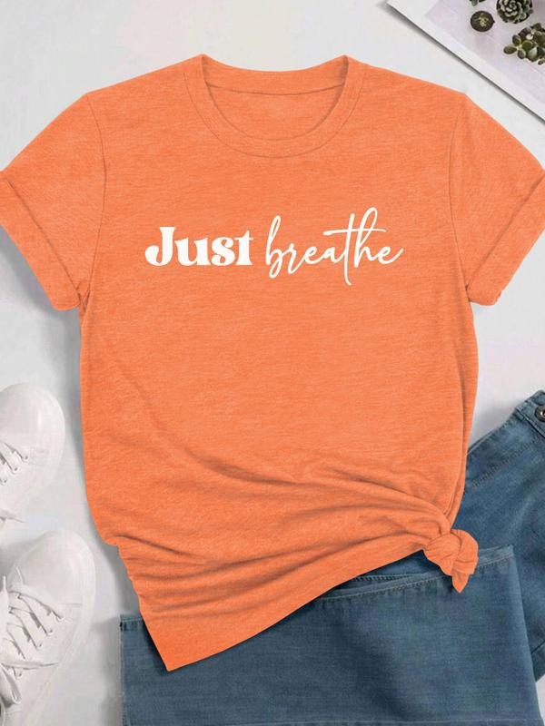 Women's Letter Print Round Neck Tee, Casual Short Sleeve Crew Neck T-shirt for Daily Wear, Ladies Clothes for All...