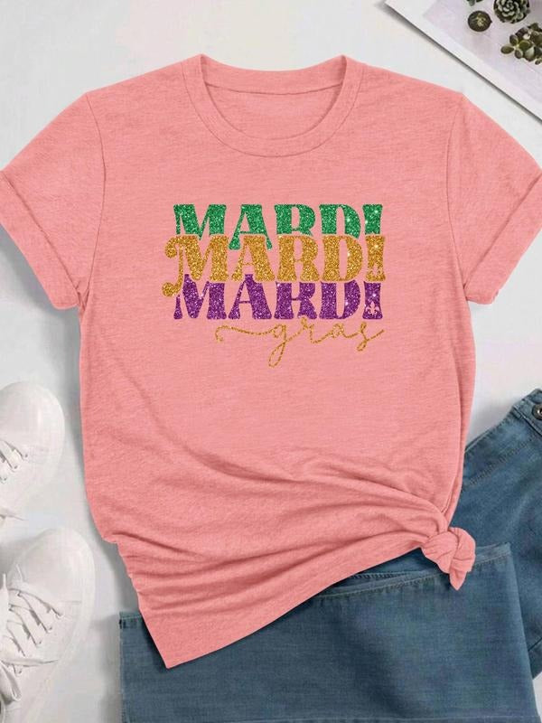 Women's Letter Print Round Neck Tee, Casual Short Sleeve Crew Neck T-shirt for Daily Wear, Ladies Clothes for All...