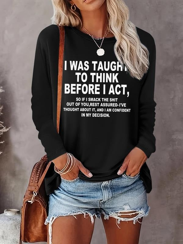 Women's Letter Print Round Neck Tee, Fashion Casual Crew Neck Long Sleeve T-shirt for Daily Holiday Vacation Outdoor...
