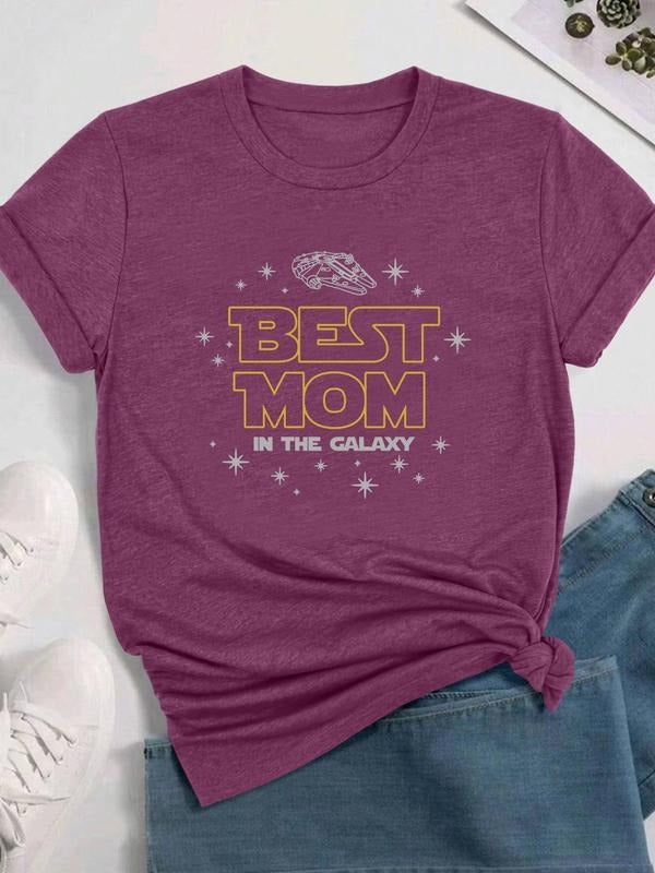 Women's Letter Print Round Neck Tee, Trendy Casual Crew Neck Short Sleeve T-Shirt for Daily Wear, Ladies Clothes for All...