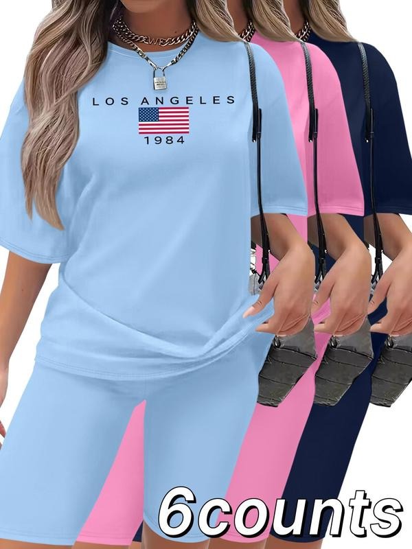 Women's Letter Print Short Sleeve Tee & Skinny Shorts Set, Casual Round Neck T-shirt & Short Leggings, Ladies Clothes for...