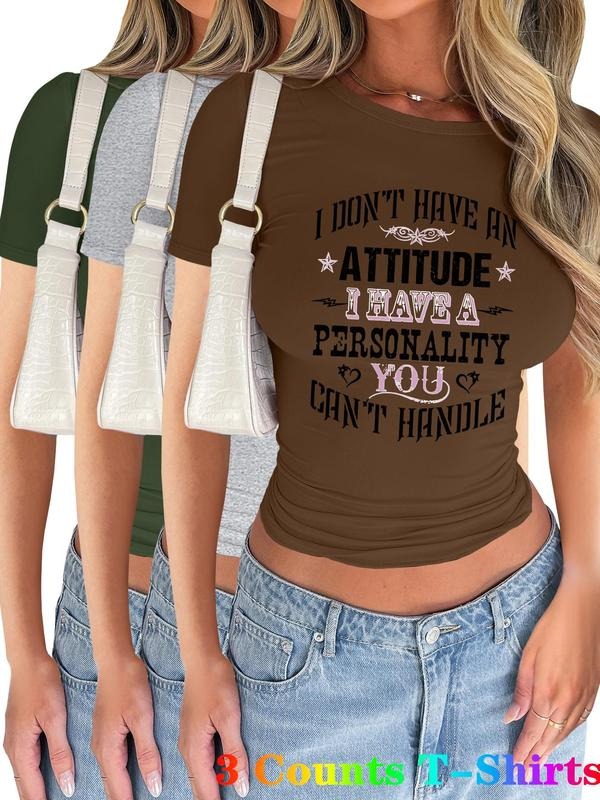 Women's Letter Print Short Sleeve Tee, Casual Personalized Printed T-shirt for Summer, Ladies Clothes for Daily Wear, Top...