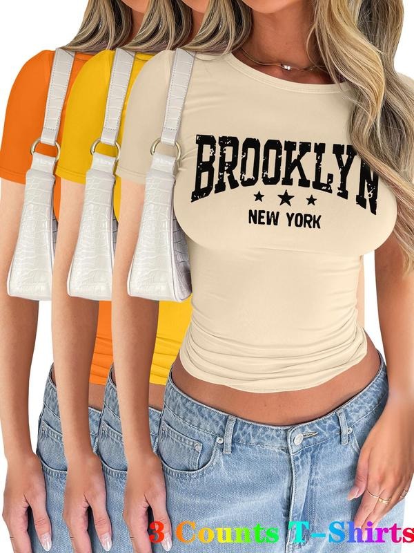 Women's Letter Print Short Sleeve Tee, Casual Round Neck T-shirt for Summer, Ladies Clothes for Daily Wear,...