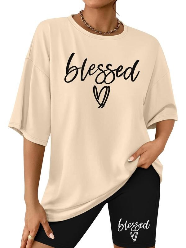 Women's Letter Print Tee & Shorts Set, Casual Short Sleeve T-shirt & Shorts, Ladies Two-piece Outfits for Daily Wear...